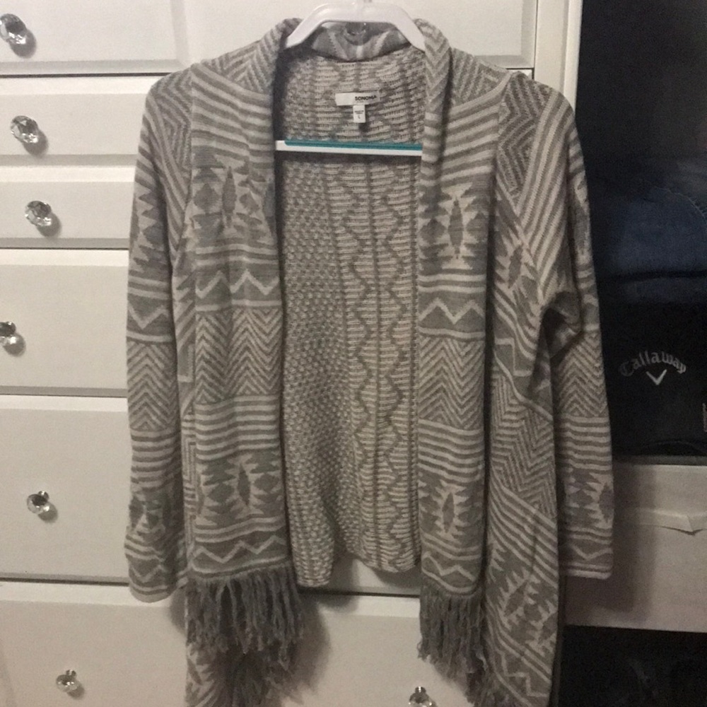 Cardigan sweater with fringe. Sonoma brand. Fringe hem.Gray